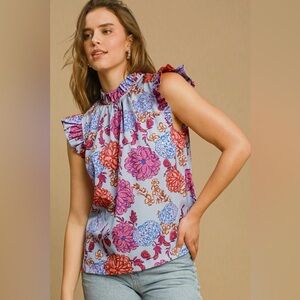 Umgee Full Size Floral Print Ruffled Cap Sleeve Blouse🆕